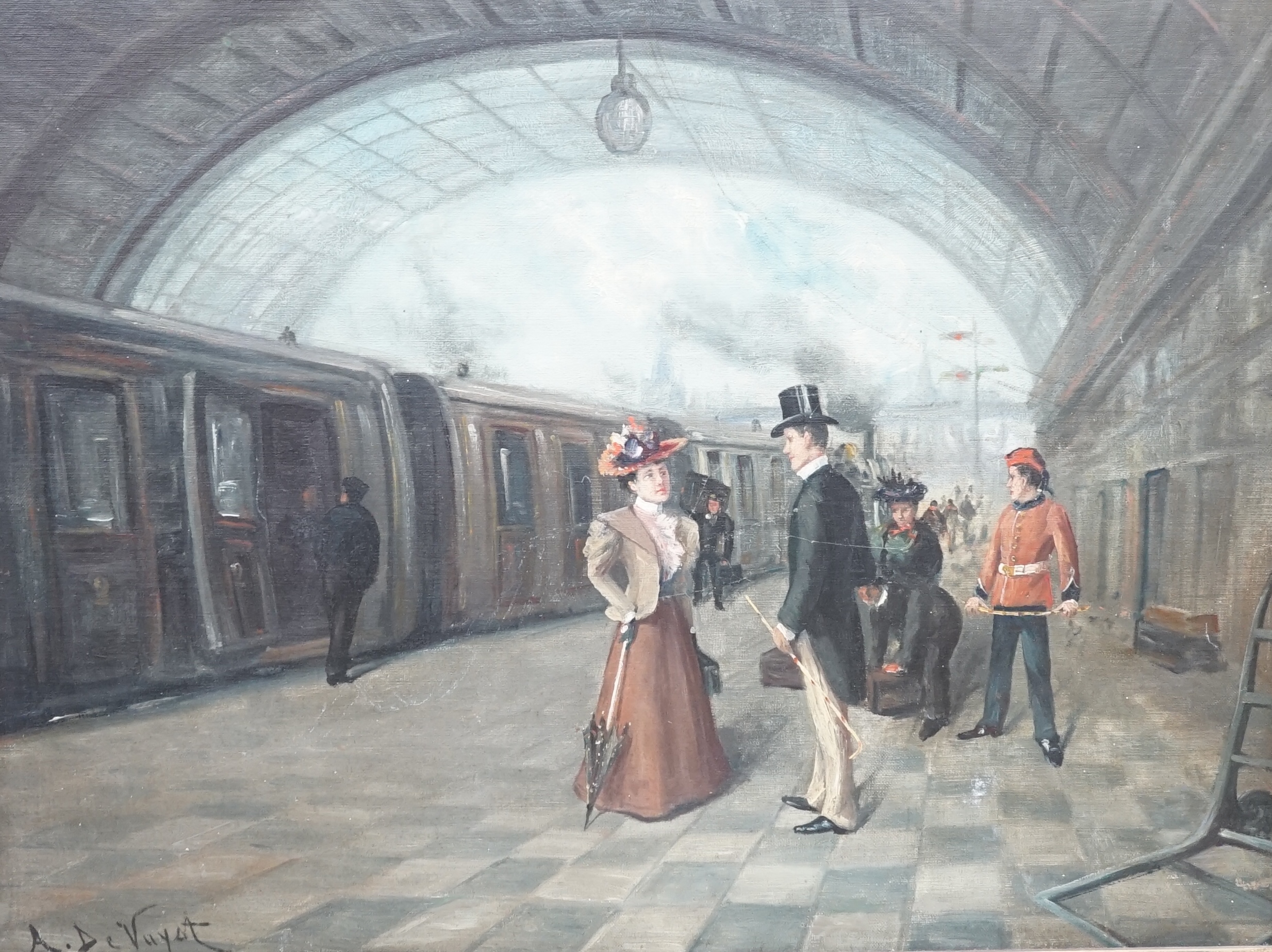 A. de Vuyot, oil on canvas, Railway station scene, signed, 48cm x 63cm. Condition - good, minor scuffs